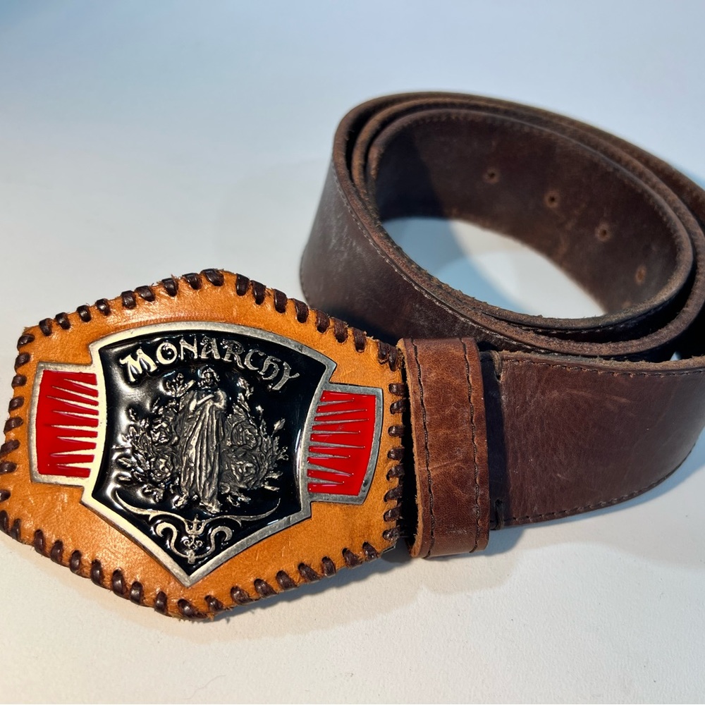 Monarchy Belt Mens Brown Leather One Of A Kind Belt Buckle Rare Find